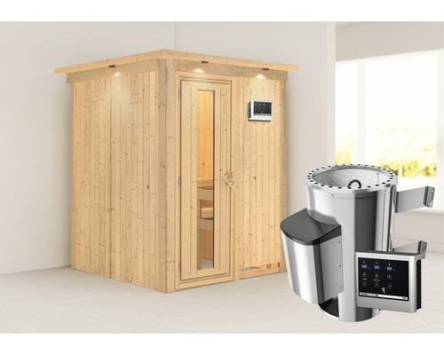 Plug & Play Sauna Karibu Achat I inkl. 3,6 kW Ofen u.ext.Steuerung mit Dachkranz und Holztüre aus Isolierglas wärmegedämmt