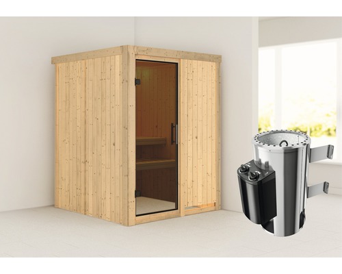 Plug & Play Sauna Karibu Sinja inkl. 3,6 kW Ofen u.integr.Steuerung ohne Dachkranz mit graphitfarbiger Ganzglastüre
