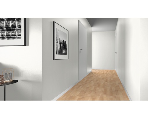 Flur mit Laminatboden, weißen Wänden und Türen.