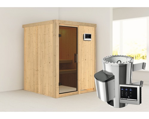Plug & Play Sauna Karibu Sinja inkl. 3,6 kW Ofen u.ext.Steuerung ohne Dachkranz mit graphitfarbiger Ganzglastüre