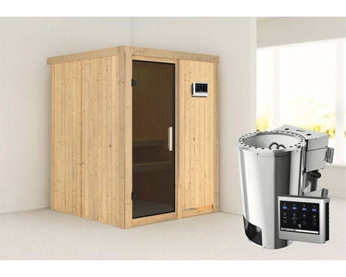 Plug & Play Sauna Karibu Sinja inkl. 3,6 kW Bio Ofen u.ext.Steuerung ohne Dachkranz mit graphitfarbiger Ganzglastüre