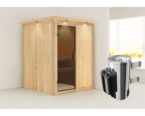 Plug & Play Sauna Karibu Achat I inkl. 3,6 kW Ofen u.integr.Steuerung mit Dachkranz und graphitfarbiger Ganzglastüre