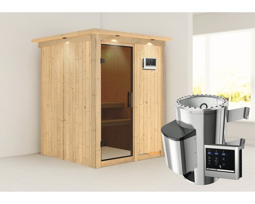 Plug & Play Sauna Karibu Achat I inkl. 3,6 kW Ofen u.ext.Steuerung mit Dachkranz und graphitfarbiger Ganzglastüre