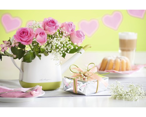 Dekoratives Stillleben mit Rosen in einer Gießkanne, einem Geschenk und einem Kuchen