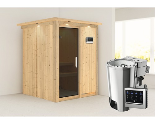 Plug & Play Sauna Karibu Achat I inkl. 3,6 kW Bio Ofen u.ext.Steuerung mit Dachkranz und graphitfarbiger Ganzglastüre