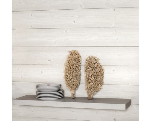 Dekorative Zweige und Teller auf einem Regal an einer Holzwand