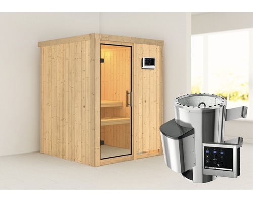 Plug & Play Sauna Karibu Sinja inkl. 3,6 kW Ofen u.ext.Steuerung ohne Dachkranz mit Ganzglastüre aus Klarglas