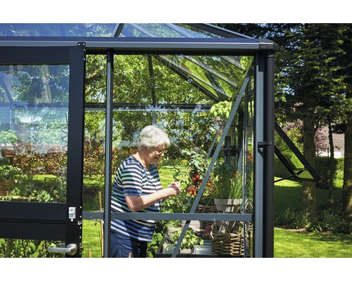 Gewächshaus mit Frau bei der Gartenarbeit im Gewächshaus.