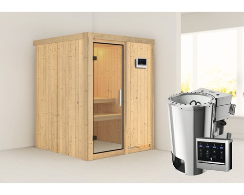 Plug & Play Sauna Karibu Sinja inkl. 3,6 kW Bio Ofen u.ext.Steuerung ohne Dachkranz mit Ganzglastüre aus Klarglas