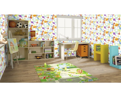 Kinderzimmer mit Schreibtisch, Bücherregal und Dinosaurier-Tapete