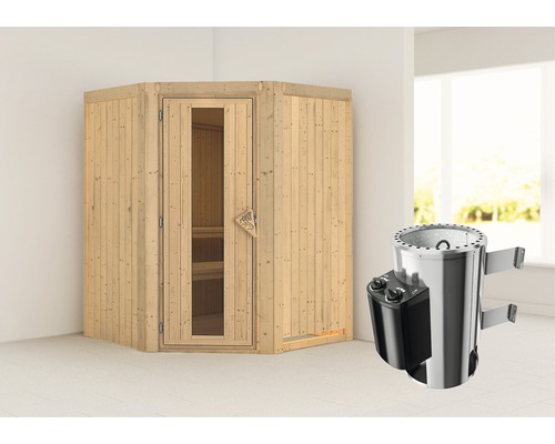 Plug & Play Sauna Karibu Kanja inkl. 3,6 kW Ofen u.integr.Steuerung ohne Dachkranz mit Holztüre aus Isolierglas wärmegedämmt