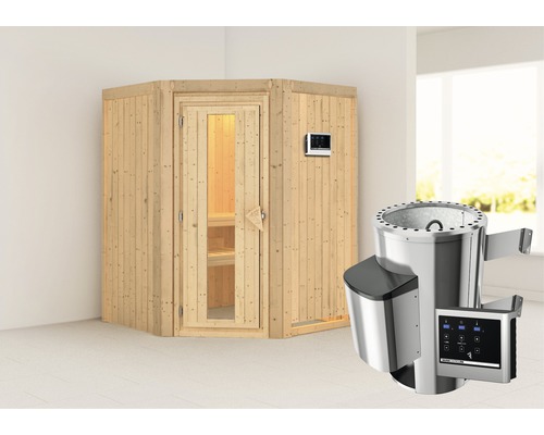 Plug & Play Sauna Karibu Kanja inkl. 3,6 kW Ofen u.ext.Steuerung ohne Dachkranz mit Holztüre aus Isolierglas wärmegedämmt