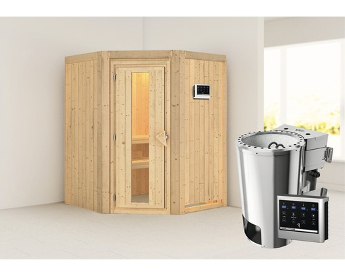 Plug & Play Sauna Karibu Kanja inkl. 3,6 kW Bio Ofen u.ext.Steuerung ohne Dachkranz mit Holztüre aus Isolierglas wärmegedämmt