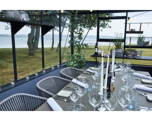 Szene mit Esstisch in einem Gewächshaus, gedeckt mit Geschirr und Gläsern