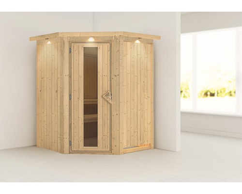 Plug & Play Sauna Karibu Achat II ohne Ofen mit Dachkranz und Holztüre mit Isolierglas wärmegedämmt