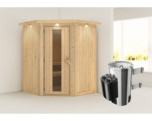Plug & Play Sauna Karibu Achat II inkl. 3,6 kW Ofen u.integr.Steuerung mit Dachkranz und Holztüre aus Isolierglas wärmegedämmt