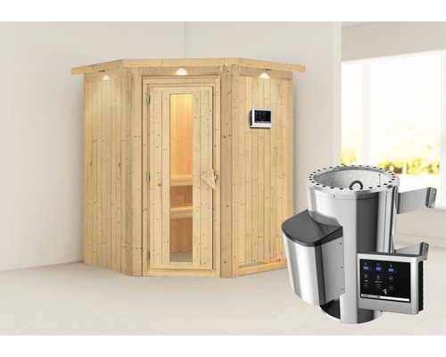 Plug & Play Sauna Karibu Achat II inkl. 3,6 kW Ofen u.ext.Steuerung mit Dachkranz und Holztüre aus Isolierglas wärmegedämmt