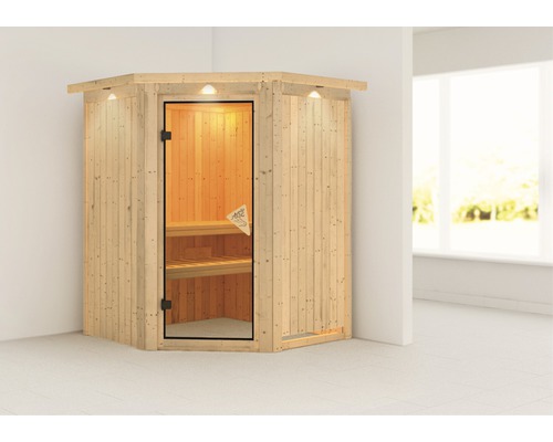 Plug & Play Sauna Karibu Achat II ohne Ofen mit Dachkranz und bronzierter Ganzglastüre
