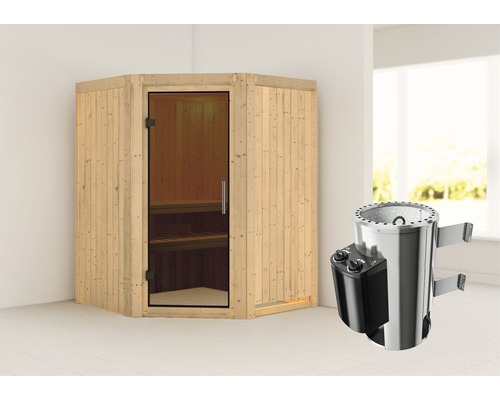 Plug & Play Sauna Karibu Kanja inkl. 3,6 kW Ofen u.integr.Steuerung ohne Dachkranz mit graphitfarbiger Ganzglastüre