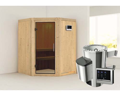 Plug & Play Sauna Karibu Kanja inkl. 3,6 kW Ofen u.ext.Steuerung ohne Dachkranz mit graphitfarbiger Ganzglastüre