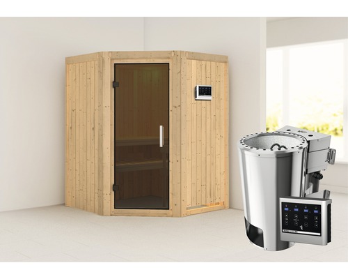 Plug & Play Sauna Karibu Kanja inkl. 3,6 kW Bio Ofen u.ext.Steuerung ohne Dachkranz mit graphitfarbiger Ganzglastüre