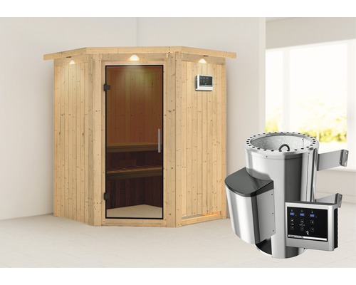 Plug & Play Sauna Karibu Achat II inkl. 3,6 kW Ofen u.ext.Steuerung mit Dachkranz und graphitfarbiger Ganzglastüre