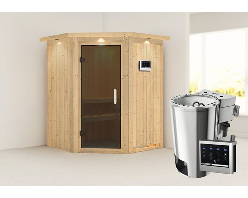 Plug & Play Sauna Karibu Achat II inkl. 3,6 kW Bio Ofen u.ext.Steuerung mit Dachkranz und graphitfarbiger Ganzglastüre