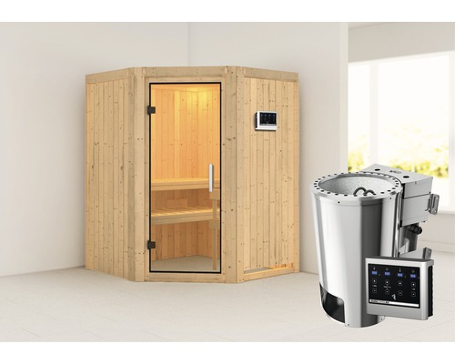 Plug & Play Sauna Karibu Kanja inkl. 3,6 kW Bio Ofen u.ext.Steuerung ohne Dachkranz mit Ganzglastüre aus Klarglas