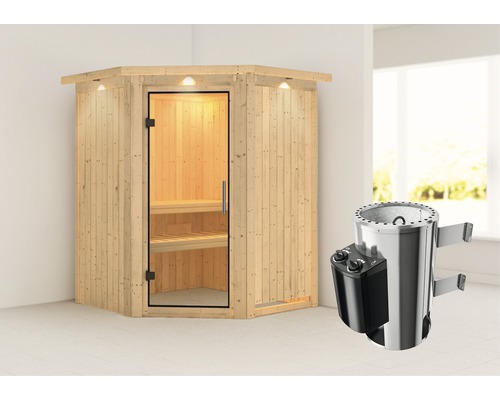 Plug & Play Sauna Karibu Achat II inkl. 3,6 kW Ofen u.integr.Steuerung mit Dachkranz und Ganzglastüre aus Klarglas