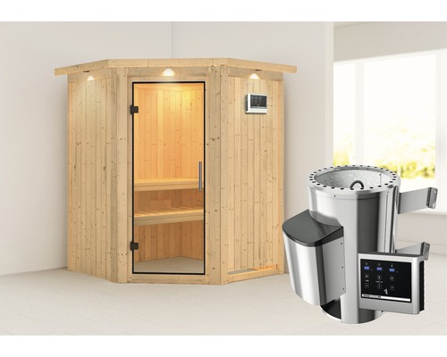 Plug & Play Sauna Karibu Achat II inkl. 3,6 kW Ofen u.ext.Steuerung mit Dachkranz und Ganzglastüre aus Klarglas