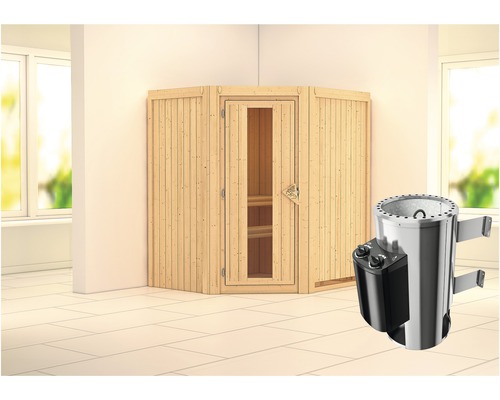 Plug & Play Sauna Karibu Monja inkl. 3,6 kW Ofen u.integr.Steuerung ohne Dachkranz mit Holztüre aus Isolierglas wärmegedämmt