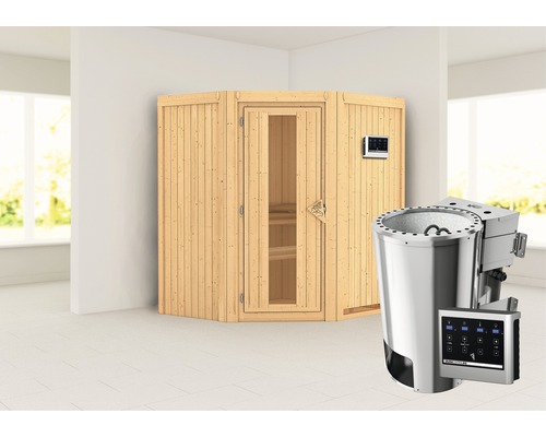 Plug & Play Sauna Karibu Monja inkl. 3,6 kW Bio Ofen u.ext.Steuerung ohne Dachkranz mit Holztüre aus Isolierglas wärmegedämmt