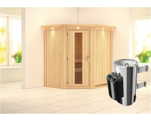 Plug & Play Sauna Karibu Achat III inkl. 3,6 kW Ofen u.integr.Steuerung mit Dachkranz und Holztüre aus Isolierglas wärmegedämmt
