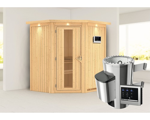Plug & Play Sauna Karibu Achat III inkl. 3,6 kW Ofen u.ext.Steuerung mit Dachkranz und Holztüre aus Isolierglas wärmegedämmt
