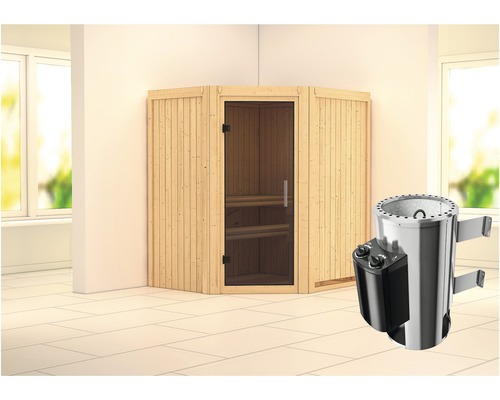 Plug & Play Sauna Karibu Monja inkl. 3,6 kW Ofen u.integr.Steuerung ohne Dachkranz mit graphitfarbiger Ganzglastüre
