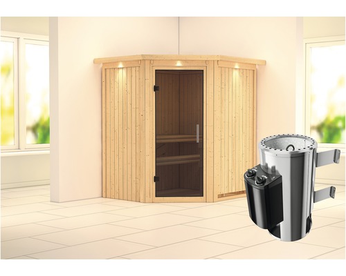 Plug & Play Sauna Karibu Achat III inkl. 3,6 kW Ofen u.integr.Steuerung mit Dachkranz und graphitfarbiger Ganzglastüre