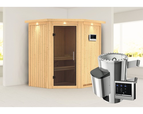 Plug & Play Sauna Karibu Achat III inkl. 3,6 kW Ofen u.ext.Steuerung mit Dachkranz und graphitfarbiger Ganzglastüre