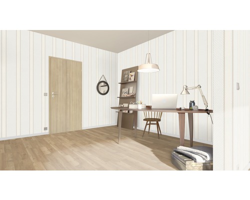 Arbeitszimmer mit Schreibtisch, Stuhl, Regale und Tür