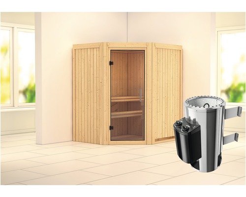 Plug & Play Sauna Karibu Monja inkl. 3,6 kW Ofen u.integr.Steuerung ohne Dachkranz mit Ganzglastüre aus Klarglas