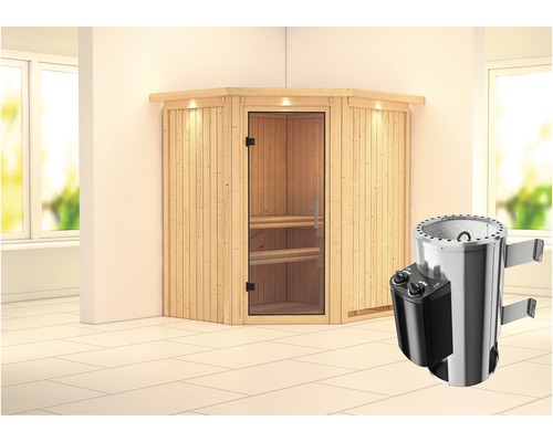 Plug & Play Sauna Karibu Achat III inkl. 3,6 kW Ofen u.integr.Steuerung mit Dachkranz und Ganzglastüre aus Klarglas