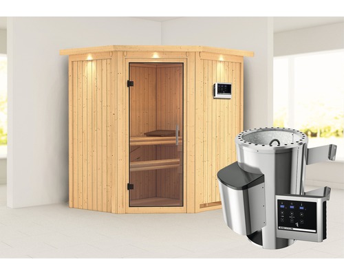 Plug & Play Sauna Karibu Achat III inkl. 3,6 kW Ofen u.ext.Steuerung mit Dachkranz und Ganzglastüre aus Klarglas
