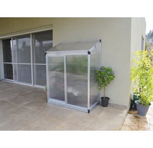 Kleines Gewächshaus aus Polycarbonat mit Aluminiumrahmen auf einer Terrasse