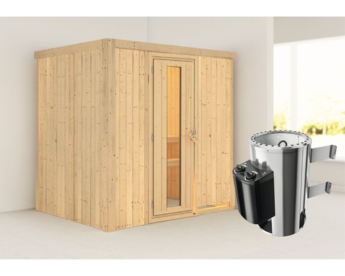 Plug & Play Sauna Karibu Wanja inkl. 3,6 kW Ofen u.integr.Steuerung ohne Dachkranz mit Holztüre aus Isolierglas wärmegedämmt