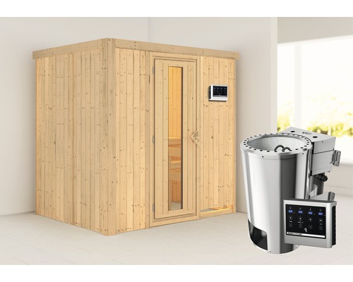 Plug & Play Sauna Karibu Wanja inkl. 3,6 kW Bio Ofen u.ext.Steuerung ohne Dachkranz mit Holztüre aus Isolierglas wärmegedämmt