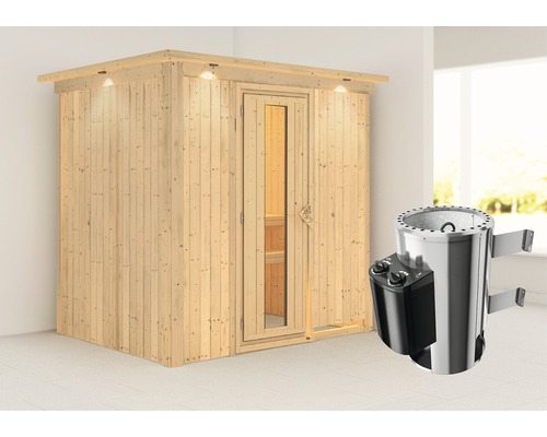 Plug & Play Sauna Karibu Wanja inkl. 3,6 kW Ofen u.integr.Steuerung mit Dachkranz und Holztüre aus Isolierglas wärmegedämmt