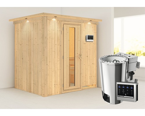 Plug & Play Sauna Karibu Wanja inkl. 3,6 kW Bio Ofen u.ext.Steuerung mit Dachkranz und Holztüre aus Isolierglas wärmegedämmt