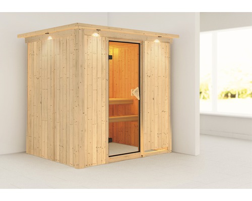 Plug & Play Sauna Karibu Wanja ohne Ofen mit Dachkranz und bronzierter Ganzglastüre