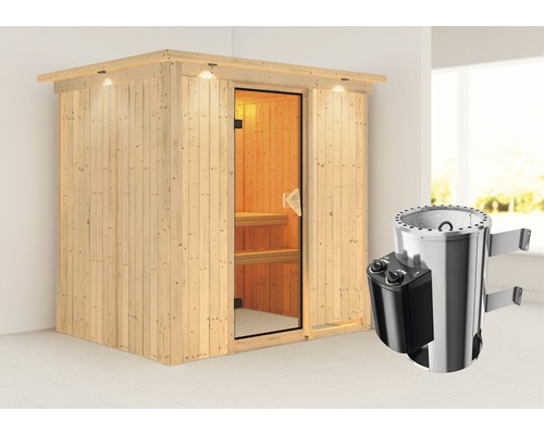 Plug & Play Sauna Karibu Wanja inkl. 3,6 kW Ofen u.integr.Steuerung mit Dachkranz und bronzierter Ganzglastüre