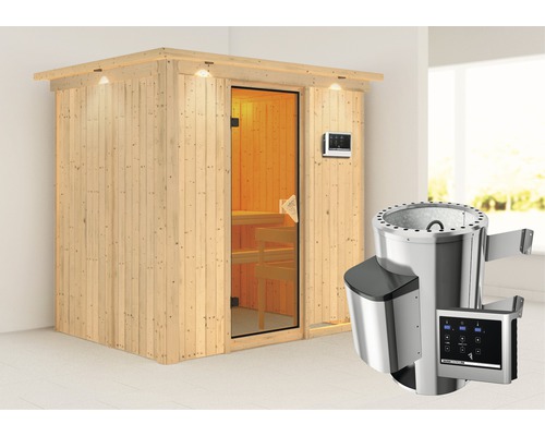 Plug & Play Sauna Karibu Wanja inkl. 3,6 kW Ofen u.ext.Steuerung mit Dachkranz und bronzierter Ganzglastüre