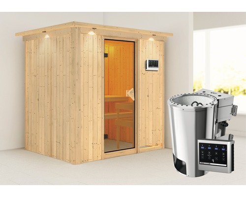 Plug & Play Sauna Karibu Wanja inkl. 3,6 kW Bio Ofen u.ext.Steuerung mit Dachkranz und bronzierter Ganzglastüre